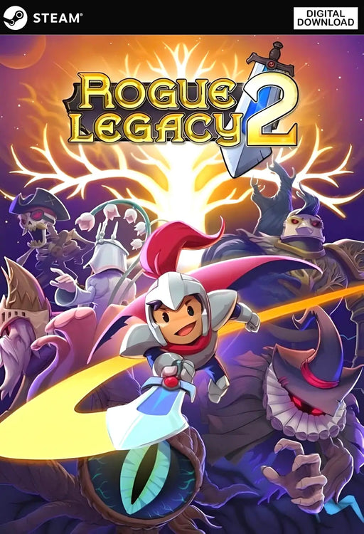 Cover art for Rogue Legacy 2 Steam CD Key, featuring the heroic knight front and center with a magical sword, surrounded by various fantasy monsters. Get your digital copy of Rogue Legacy 2 instantly at RushGame.co and experience this acclaimed roguelite adventure
