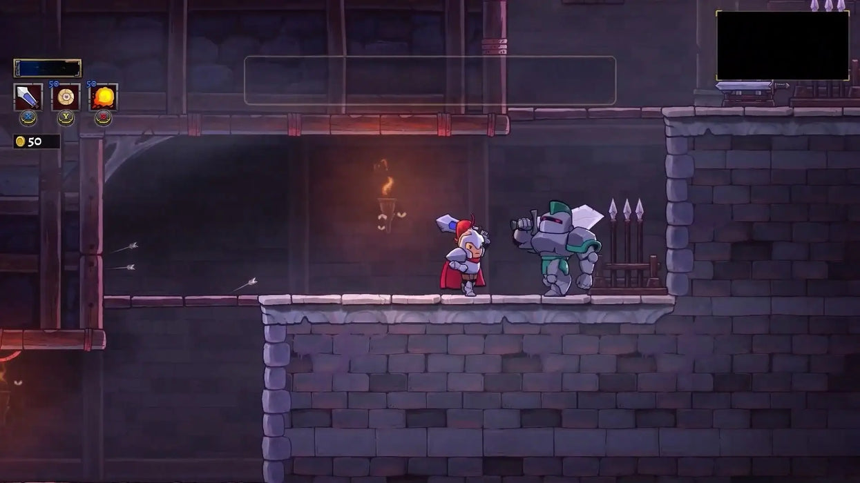 A platforming segment in Rogue Legacy 2, with the player-character facing off against a large armored enemy inside a torch-lit dungeon. Discover the challenging roguelike gameplay of Rogue Legacy 2 with an official Steam CD Key from RushGame.co