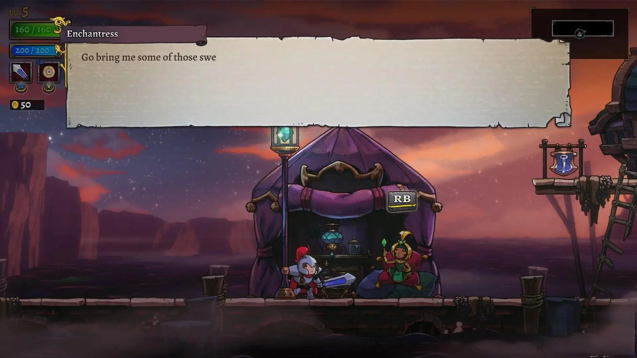 An in-game dialogue scene from Rogue Legacy 2 where the player interacts with the Enchantress NPC at a purple tent against a starry night sky. This image showcases the RPG elements and colorful environments of Rogue Legacy 2, featured at RushGame.co for instant Steam CD Key delivery