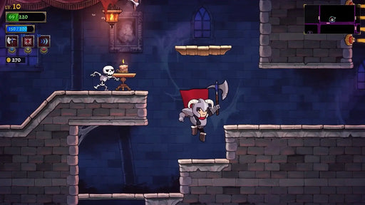 A dynamic action scene from Rogue Legacy 2, showing a brave knight leaping with an axe through a castle dungeon, pursued by a skeleton enemy. This in-game screenshot highlights the platforming challenges and vibrant art style of Rogue Legacy 2, available as a Steam CD Key from RushGame.co