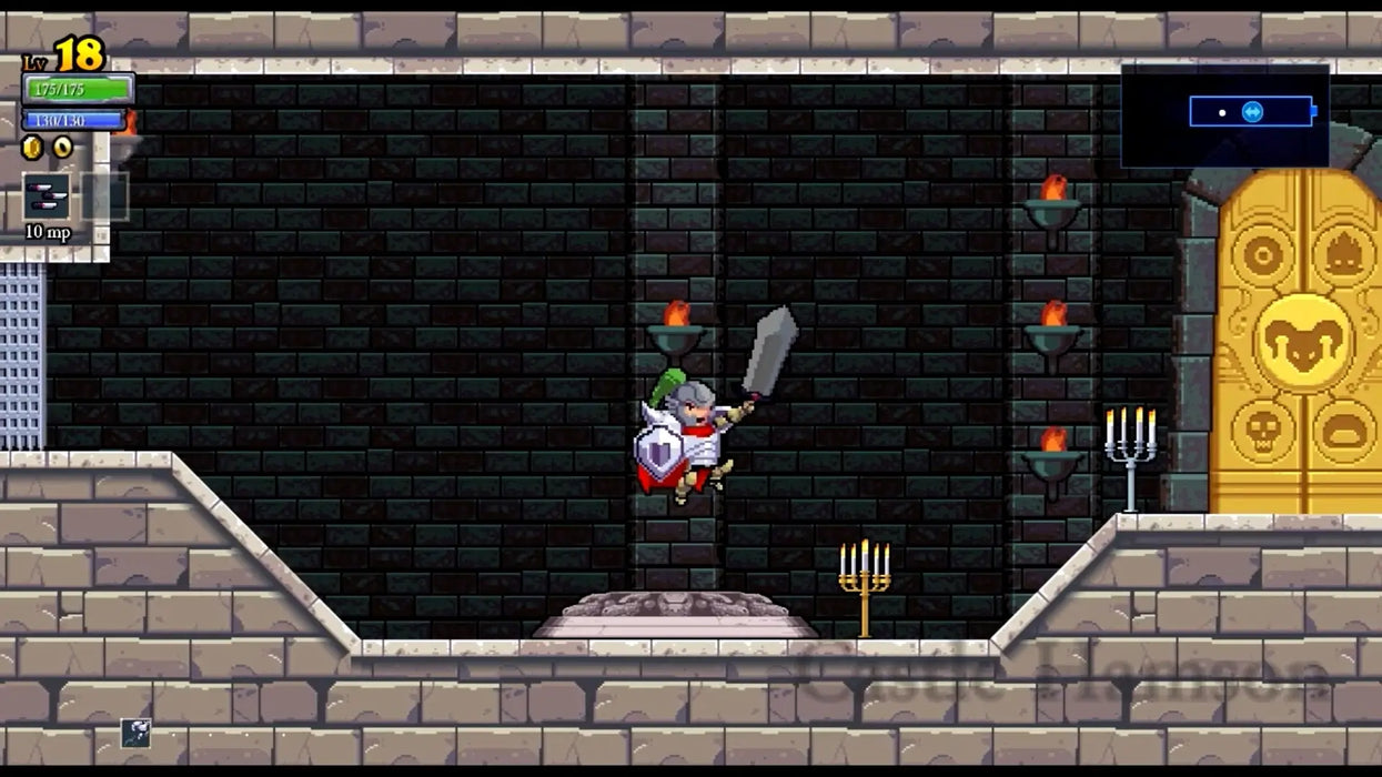 In-game screenshot of Rogue Legacy on GOG, featuring a hero leaping in front of a golden door inside a dark castle. Unlock Rogue Legacy with a secure GOG Key from RushGame.co and experience the classic roguelite platformer buy your GOG key today!