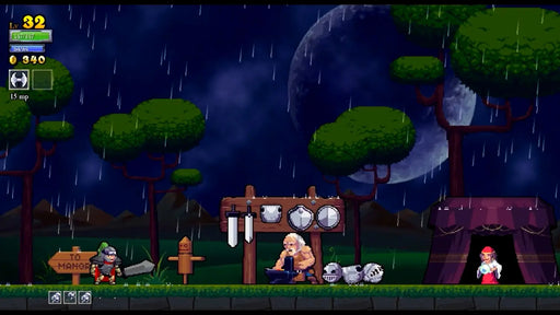 Screenshot from Rogue Legacy on GOG showing a knight training at the blacksmith's station under a rainy night sky. Explore this pixel-art roguelike adventure and buy your Rogue Legacy GOG Key now at RushGame.co for instant digital delivery