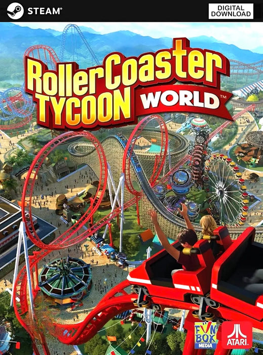 Cover art for RollerCoaster Tycoon World Steam CD Key, showcasing a dynamic roller coaster and bustling amusement park. Purchase your Steam digital game code for RollerCoaster Tycoon World at RushGame.co and dive into theme park management fun