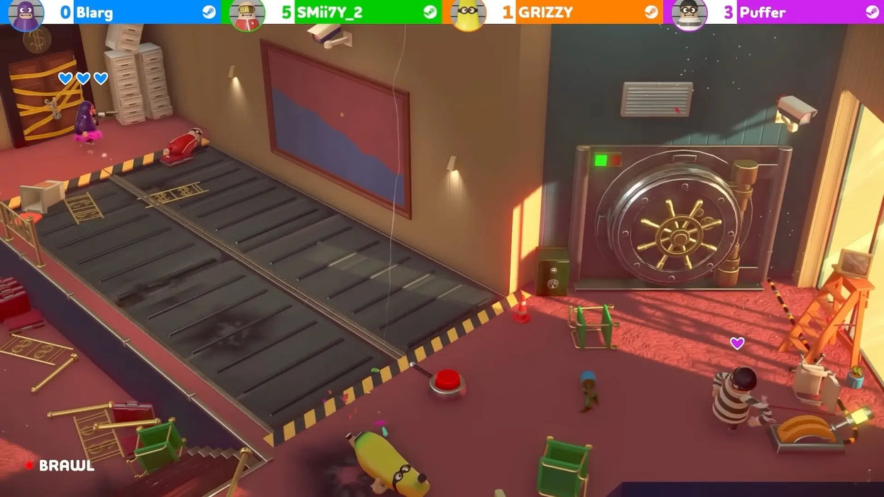 Gameplay scene from Rubber Bandits Steam edition, featuring multiplayer characters and a high-security vault setting in a vibrant heist environment. Get your official Rubber Bandits Steam key now at RushGame.co and enjoy immediate digital access