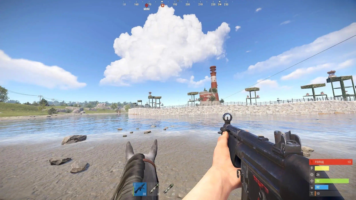 Dynamic screenshot from RUST Console Edition for Xbox consoles, displaying a player wielding a vibrant, custom-painted weapon during a heated raid on a brick building. Purchase your RUST Console Edition Xbox CD key instantly at RushGame.co and join the online survival adventure