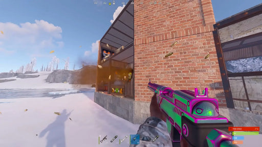 n-game screenshot from RUST Console Edition for Xbox One and Xbox Series X/S, showing a player exploring a snowy environment near a river with various weapons equipped. Buy RUST Console Edition digital code at RushGame.co for instant Xbox activation and secure purchase!