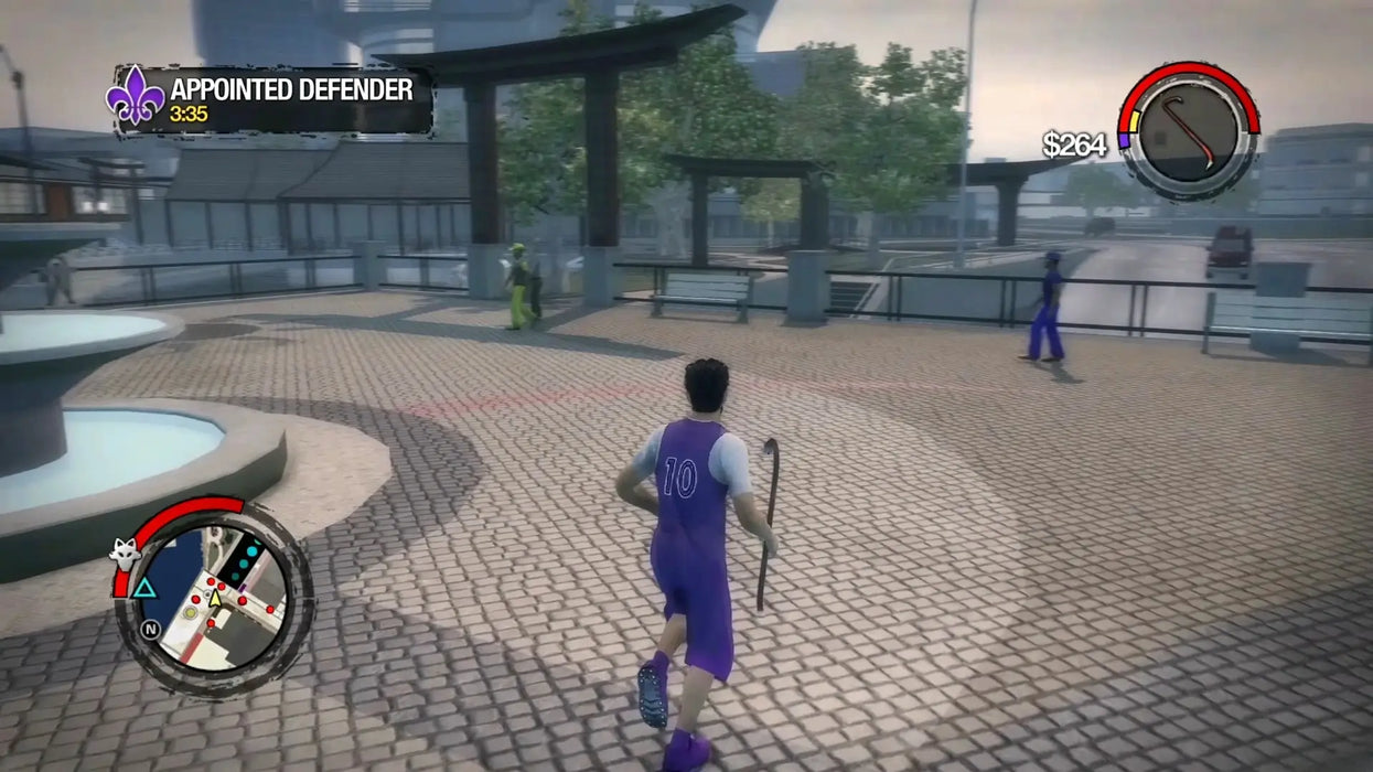 Saints Row 2 gameplay screenshot showing a player character running through an urban plaza in Stilwater, holding a crowbar. Buy Saints Row 2 GOG CD Key at RushGame.co and experience open-world action with instant digital delivery