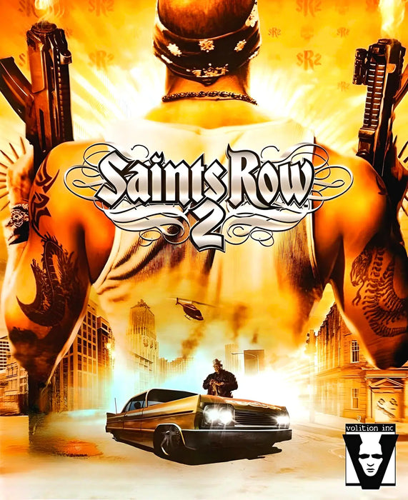 Cover art for Saints Row 2, featuring a tattooed figure with dual guns and a gold car in an explosive city backdrop. Get your Saints Row 2 GOG CD Key instantly from RushGame.co and relive the ultimate urban crime saga