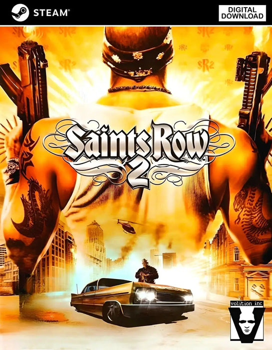 Cover art for Saints Row 2 Steam digital download, featuring the iconic tattooed protagonist and a muscle car against a vibrant orange backdrop. Instantly buy your Saints Row 2 Steam Key at RushGame.co and join the legendary crime saga today