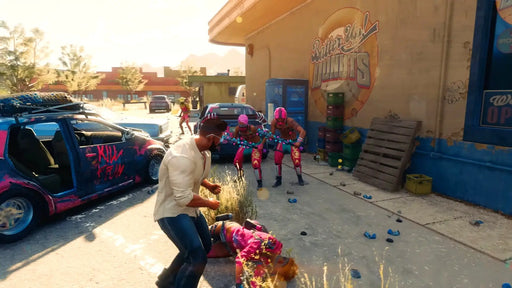 Intense action scene from Saints Row (2022) Gold Edition on Epic Games, featuring hand-to-hand combat with brightly dressed enemies outside a colorful donut shop. Get your Saints Row digital code at RushGame.co and experience the chaos today!