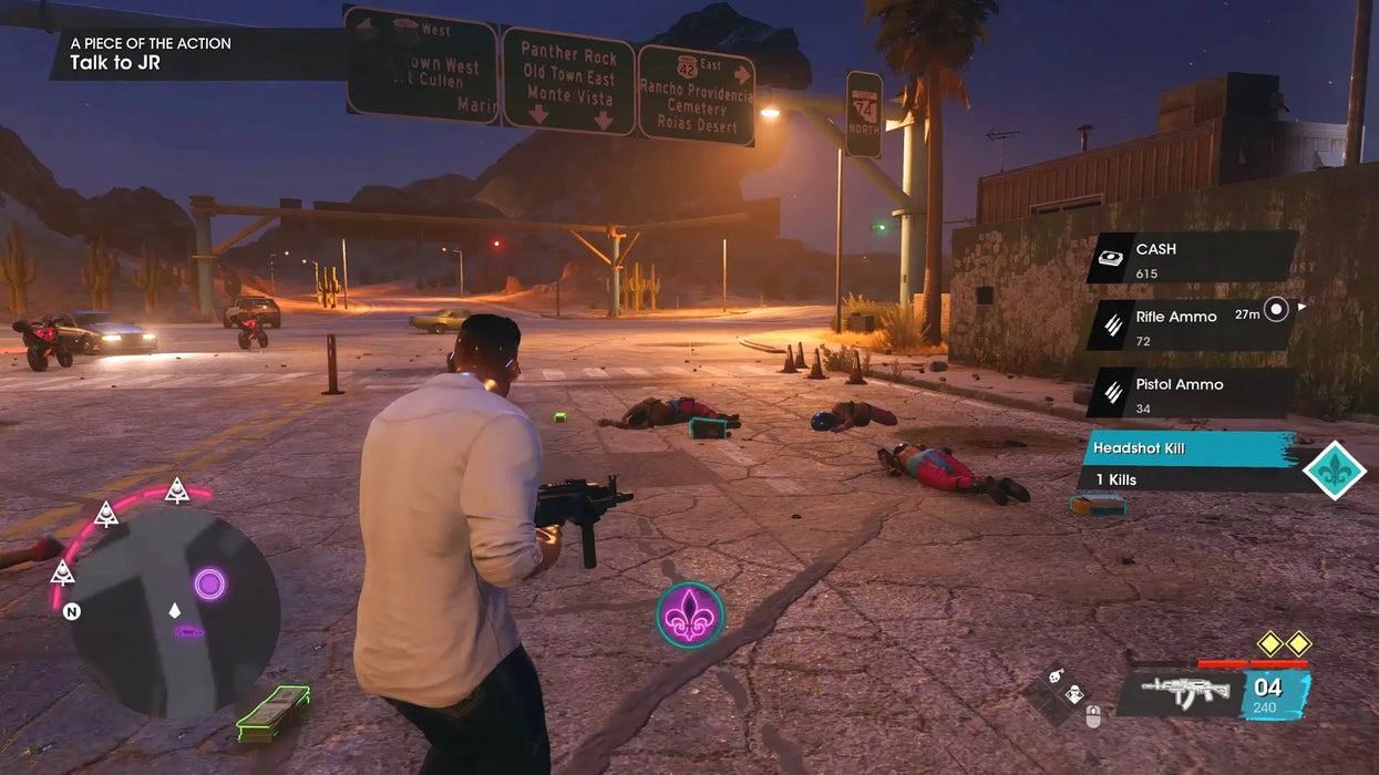 Gameplay screenshot from Saints Row (2022) Gold Edition on Epic Games, showing the player in a desert town after a shootout, with loot and vehicles visible. Buy your Saints Row Epic Games Key at RushGame.co for instant digital delivery