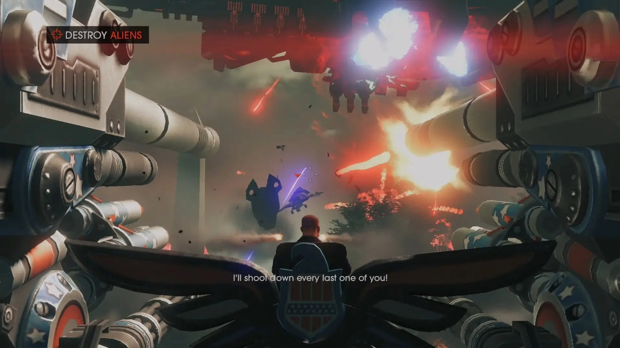 Action-packed scene from Saints Row IV: Re-Elected for Xbox One, featuring the protagonist firing heavy artillery at alien spaceships during a dramatic sky battle. Get your Saints Row IV Xbox One CD key at RushGame.co for instant digital delivery