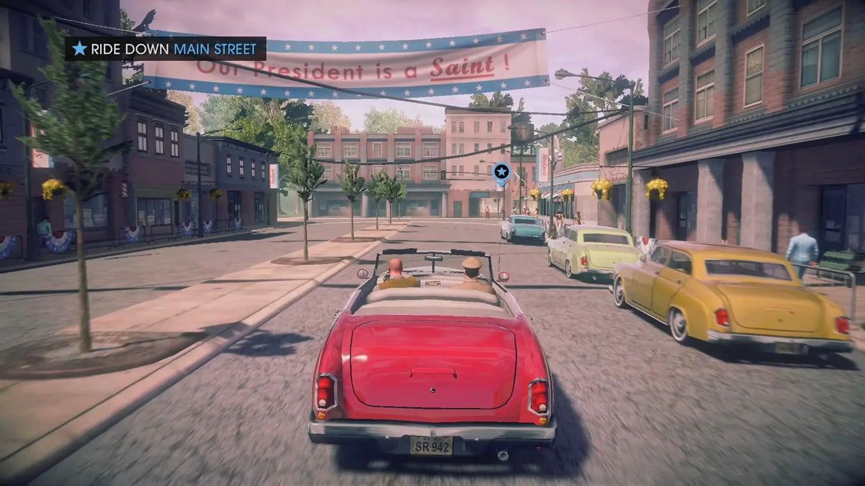 In-game screenshot from Saints Row IV: Re-Elected on Xbox One, showing the player driving a classic red convertible down Main Street in a vibrant American town, with a banner that reads "Our President is a Saint." Buy your digital game key instantly at RushGame.co.