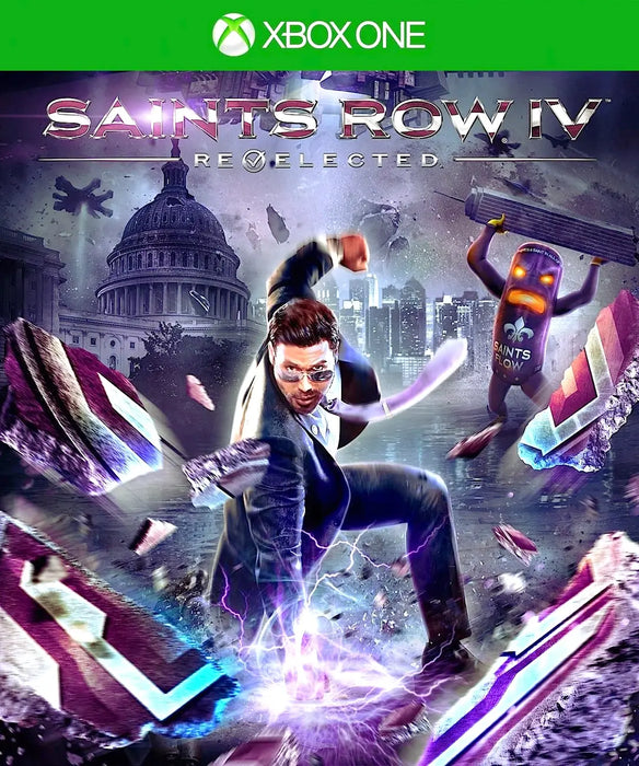 Cover art for Saints Row IV: Re-Elected (Xbox One), featuring the main hero in a dynamic action pose with superpowers, shattered pillars, and the US Capitol building in the background. Purchase your Saints Row IV Xbox One game key at RushGame.co and start playing today.