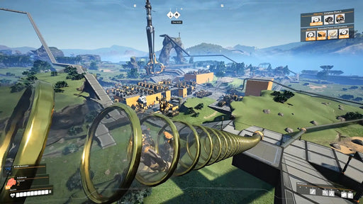Gameplay image from Satisfactory Steam, showing an impressive industrial factory complex with conveyor belts, advanced machinery, and a scenic overview of the vast environment. Get your Satisfactory Steam CD key from RushGame.co and build your own factory empire.