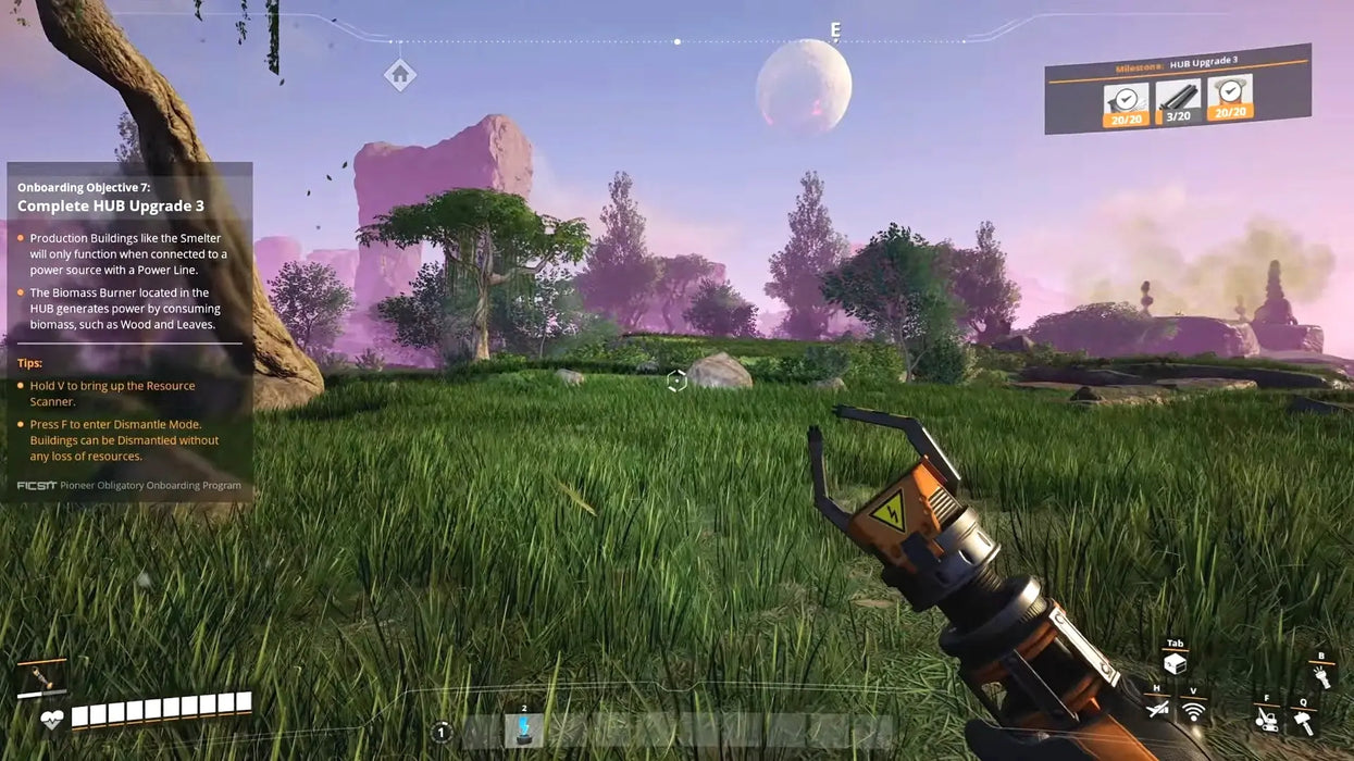 In-game screenshot from Satisfactory on Steam, displaying a player exploring a lush alien landscape with green grass, scattered rocks, and distant purple mountains under an alien sky. Purchase your Satisfactory Steam key instantly at RushGame.co