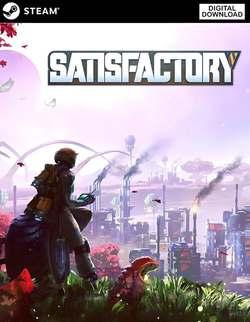 cover art for Satisfactory Steam Key, depicting an astronaut overlooking a futuristic industrial city with smoke stacks and vibrant alien flora in the foreground. Unlock your Satisfactory Steam digital code at RushGame.co for instant download.