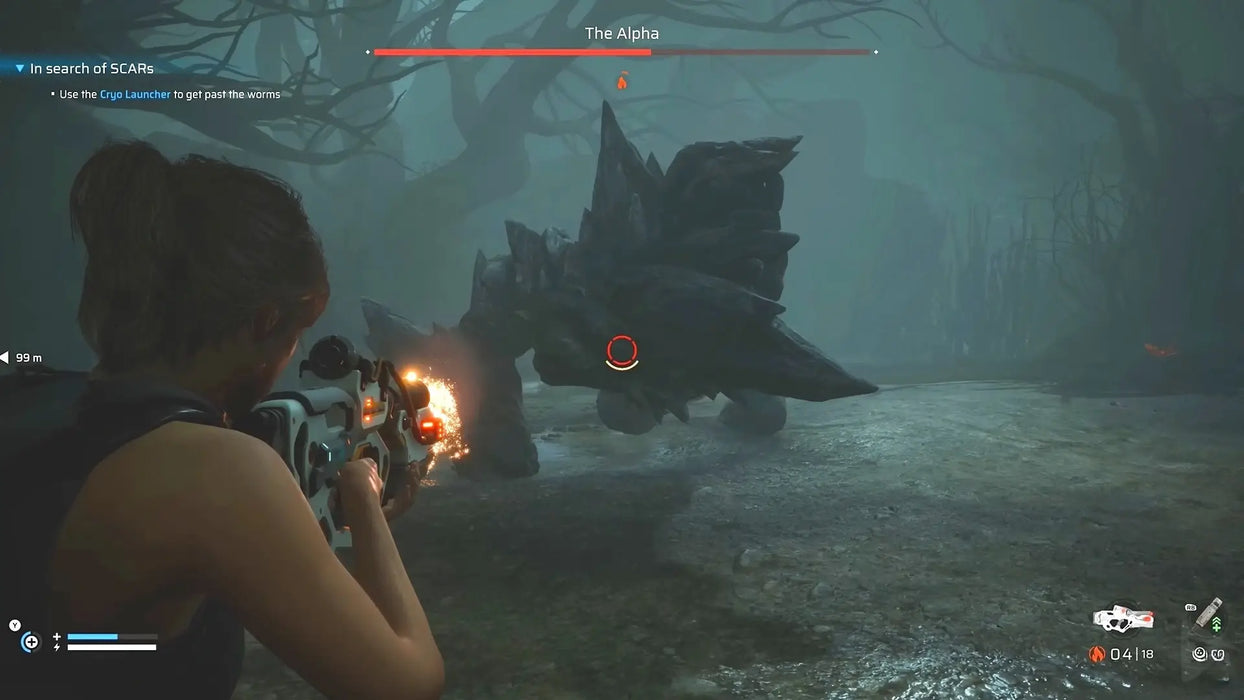 Action scene from Scars Above on Steam, depicting the protagonist engaging in combat with a creature called "The Alpha" in a dark, eerie forest, wielding a futuristic weapon. Purchase your digital Scars Above Steam key today at RushGame.co