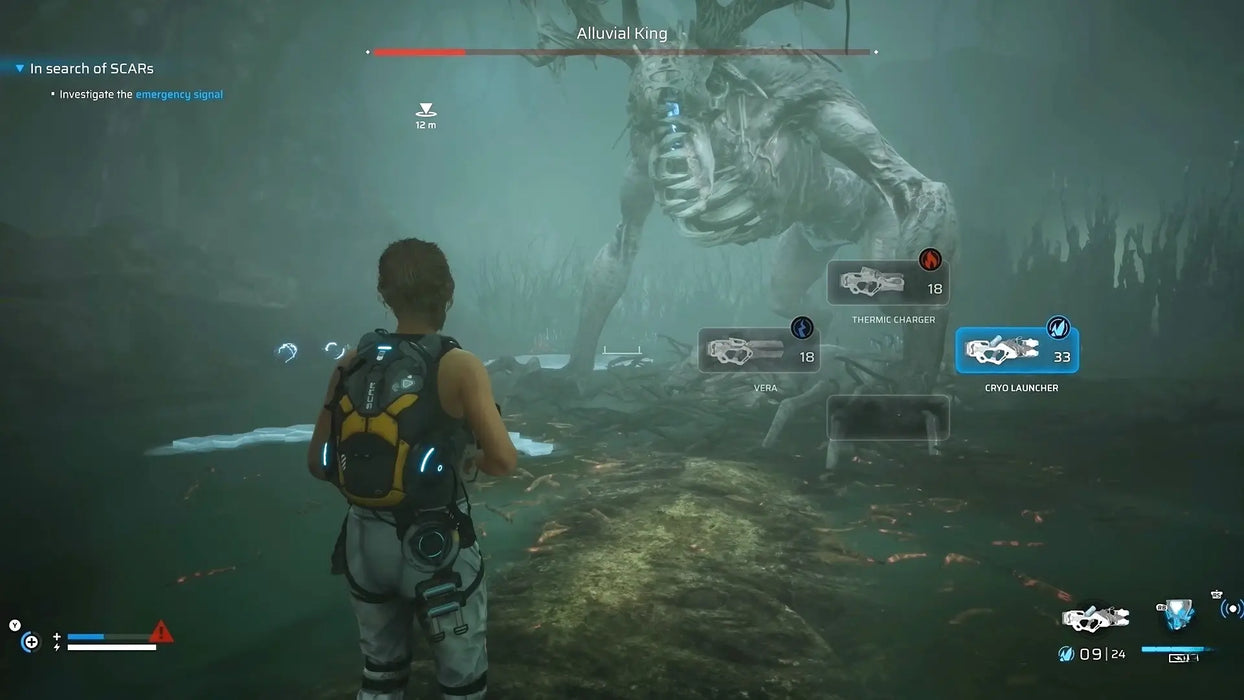 Gameplay image from Scars Above Steam, featuring the player facing a massive boss named "Alluvial King" in a foggy, ominous swamp environment. Get your Scars Above Steam CD key at RushGame.co and take on epic alien battles