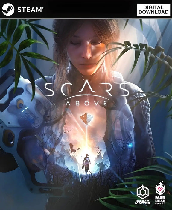 Cover art for Scars Above Steam Key, illustrating the main heroine in a sci-fi suit surrounded by alien flora, with the game’s title and logos of Prime Matter and Mad Head Games. Unlock your Scars Above Steam digital code from RushGame.co for instant download