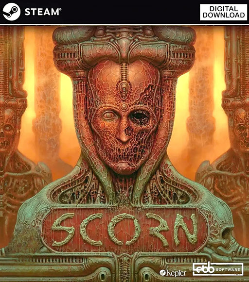 Cover art for Scorn Steam Key GLOBAL, showcasing the iconic biomechanical face design and the game's title in bold lettering. Purchase your Scorn Steam digital game key from RushGame.co and immerse yourself in this horror adventure.