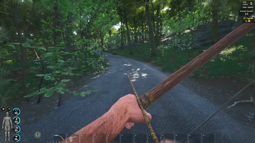 SCUM Steam Key gameplay screenshot with a player using a bow at sunset near a coastal village and boats. Get your SCUM Steam Key at RushGame.co and explore, craft, and survive on the island—digital code delivery is instant