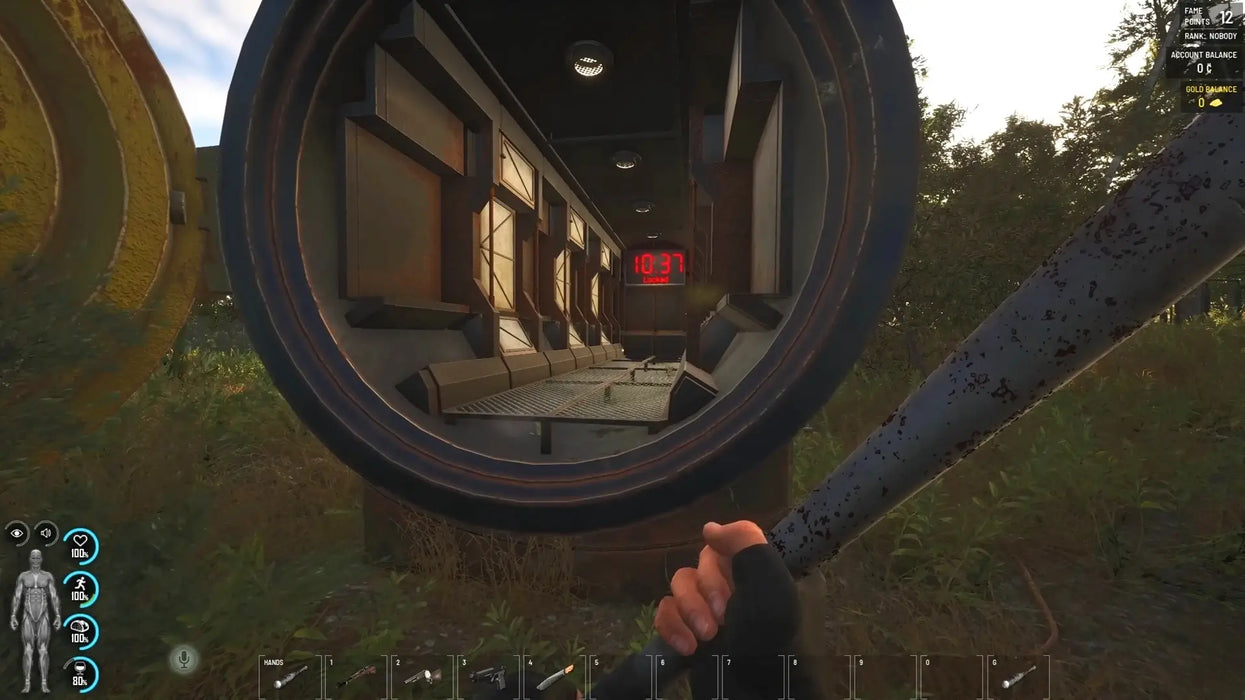 In-game SCUM Steam Key screenshot showing a player aiming through a scope at a high-security loot room. Purchase your SCUM Steam Key now at RushGame.co for the best price and instant Steam activation!