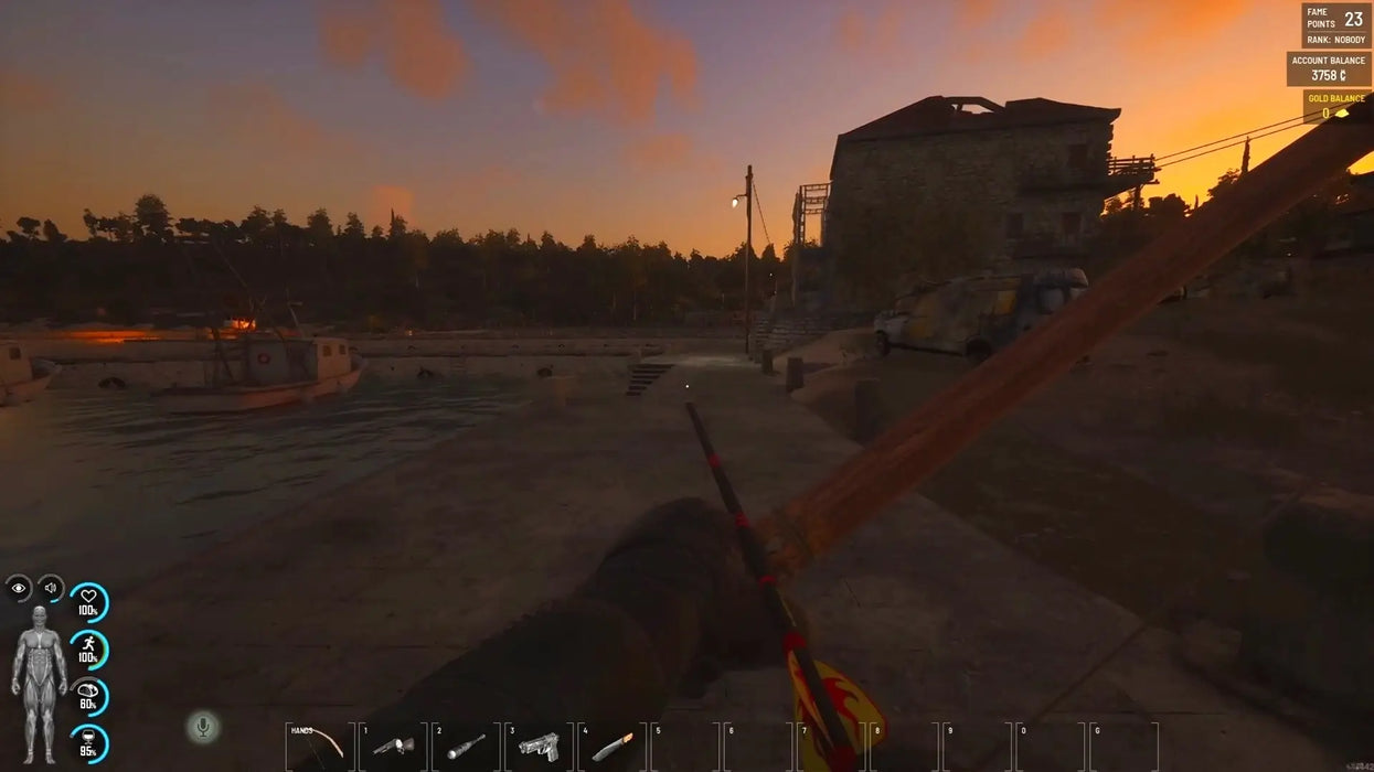 SCUM Steam Key survival gameplay image of a player holding a bow on a deserted forest road. Secure your SCUM Steam Key from RushGame.co and test your survival skills in a realistic open world—buy your code today!