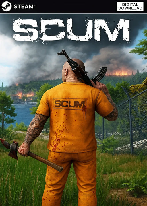 SCUM Steam Key cover art featuring a prisoner in an orange jumpsuit with axe and rifle, overlooking a burning landscape. Buy SCUM Steam Key for Steam at RushGame.co and jump into the ultimate open world survival experience