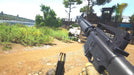 Gameplay image from SCUM Steam Supporter Pack 1 DLC, featuring a first-person view of reloading a rifle near a riverbank with lush greenery and a fortified compound in the distance. Buy your SCUM DLC Steam key today at RushGame.co