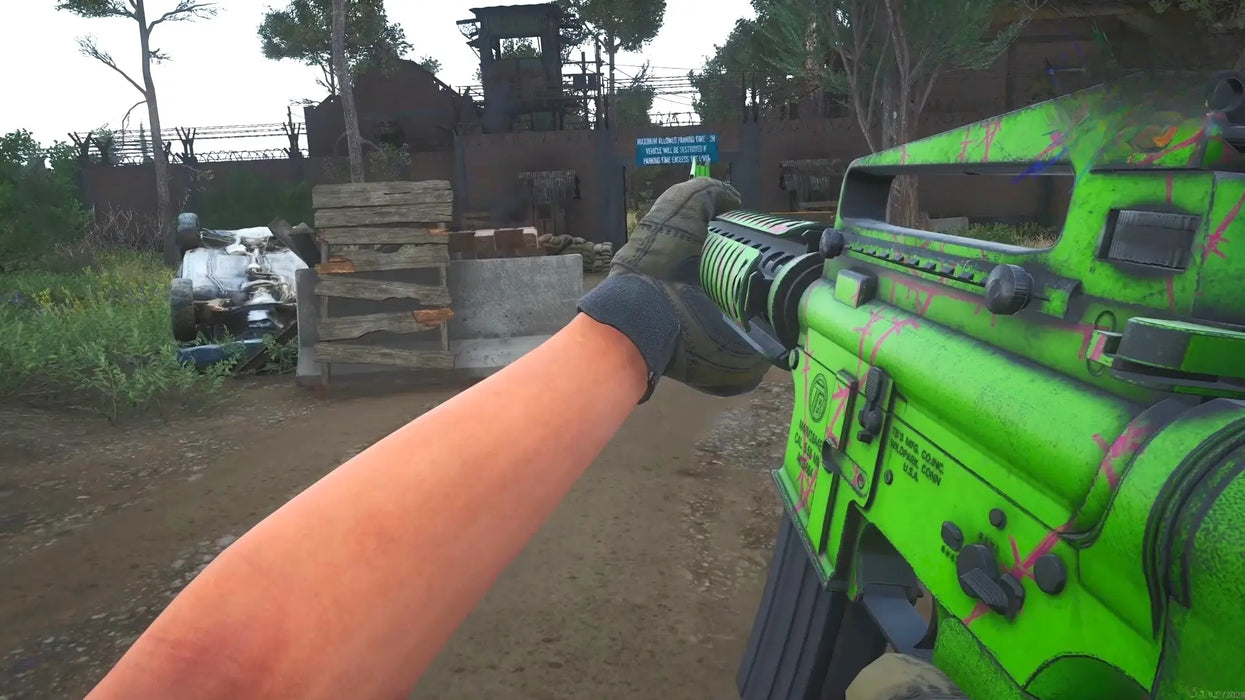 SCUM Supporter Pack 1 DLC screenshot for Steam, presenting a player reloading a neon green rifle in a rugged survival environment near a barricaded base. Unlock exclusive SCUM Supporter content with a Steam key from RushGame.co