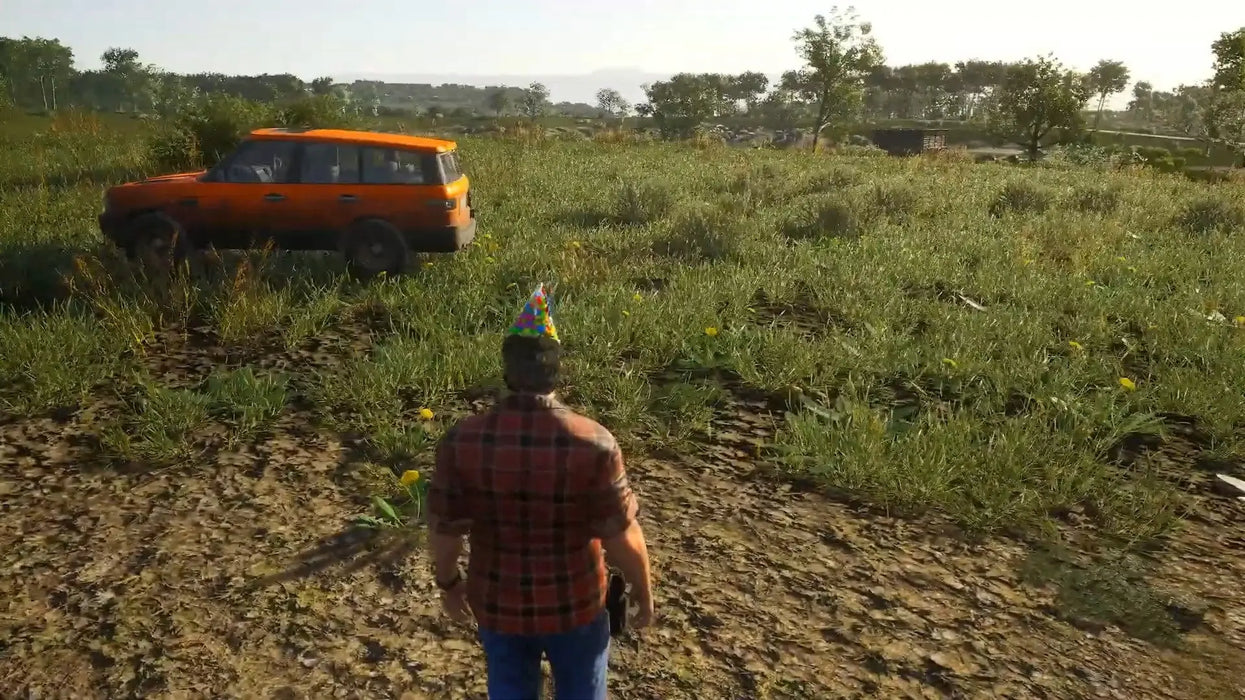 Image from SCUM Supporter Pack 2 DLC on Steam, showing a player exploring a lush field with an orange SUV nearby. Get your SCUM Steam Key - Supporter Pack 2 DLC at RushGame.co for instant digital code delivery and expand your survival experience today