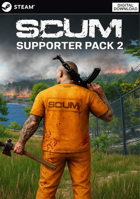 Cover art for SCUM Supporter Pack 2 DLC Steam Key, depicting a tattooed survivor in an orange jumpsuit, ready for action. Purchase your SCUM Steam Key - Supporter Pack 2 DLC from RushGame.co and unlock exclusive content instantly for your Steam library