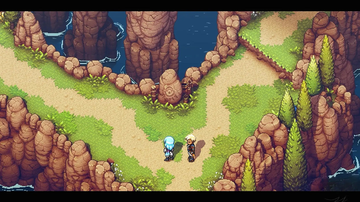 In-game image from Sea of Stars on Steam with two heroes on a scenic cliffside path, surrounded by rocky formations and lush greenery. Explore enchanting environments and immersive storytelling by purchasing a Sea of Stars Steam Key at RushGame.co – secure your digital copy today!