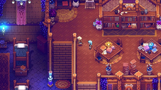 Screenshot from Sea of Stars on Steam showing the detailed interior of a magical library, filled with pixel-art furniture, books, and two main characters exploring the room. Buy your Sea of Stars Steam Key at RushGame.co for instant digital delivery and discover this stunning turn-based RPG adventure.