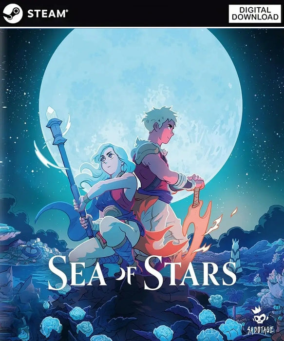 cover art for Sea of Stars Steam Key, depicting the two main characters standing back-to-back under a luminous full moon, with vibrant blue and purple hues. Get the best deals on Sea of Stars Steam Keys at RushGame.co – enjoy instant download and join the RPG adventure now!