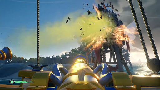 In-game screenshot from Sea of Thieves 2023 Edition on Xbox One, showing a golden cannon blasting a pirate fort. Unlock Sea of Thieves Xbox Series X|S or PC key at RushGame.co and experience explosive action online.