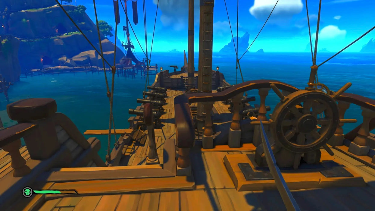 Screenshot from Sea of Thieves showcasing the deck of a pirate ship equipped with cannons, docked at a bright, tropical port. Get your Sea of Thieves Xbox One Key now at RushGame.co - join the ultimate pirate experience with fast and secure code delivery 