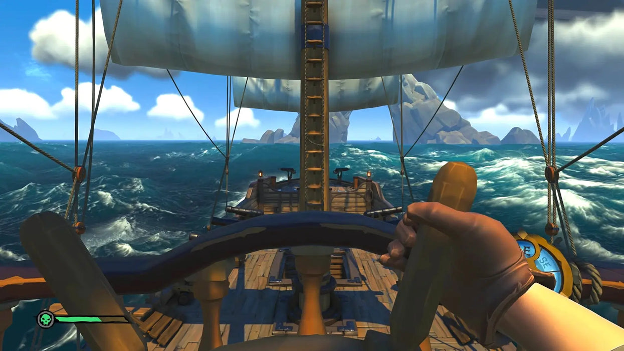 Gameplay image of Sea of Thieves featuring a first-person perspective at the ship’s wheel, navigating the ocean waves with clear blue skies. Unlock Sea of Thieves for Xbox One or PC with a digital CD key from RushGame.co and become the captain of your pirate crew today.