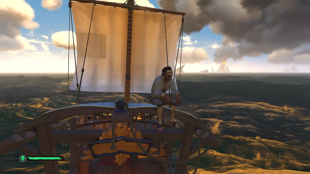 In-game screenshot from Sea of Thieves showing a pirate sitting on the bow of a ship with white sails, sailing on open seas under dramatic clouds. Buy your Sea of Thieves Xbox One and PC game key at RushGame.co and set sail for epic adventures - instant digital delivery!