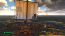In-game screenshot from Sea of Thieves showing a pirate sitting on the bow of a ship with white sails, sailing on open seas under dramatic clouds. Buy your Sea of Thieves Xbox One and PC game key at RushGame.co and set sail for epic adventures - instant digital delivery!