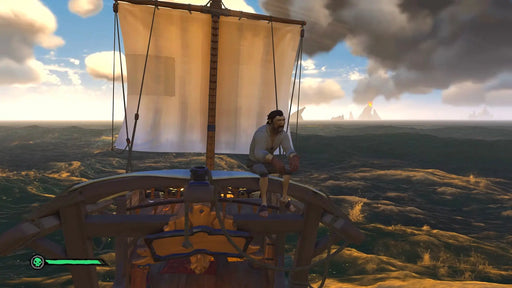 In-game screenshot from Sea of Thieves showing a pirate sitting on the bow of a ship with white sails, sailing on open seas under dramatic clouds. Buy your Sea of Thieves Xbox One and PC game key at RushGame.co and set sail for epic adventures - instant digital delivery!