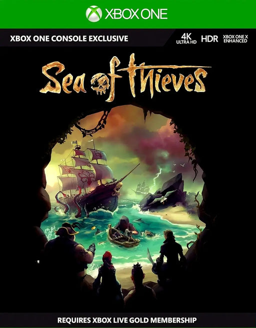  Sea of Thieves cover art for Xbox One and PC, depicting a pirate crew watching a dramatic battle at sea with ships and the legendary kraken. Purchase authentic Sea of Thieves digital game keys for Xbox One or Windows 10/11 at RushGame.co—explore, loot, and conquer the seas!