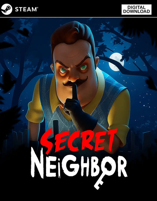 Image of the Secret Neighbor Steam Key digital game cover, featuring the mysterious neighbor making a "shush" gesture in the moonlit night. Purchase Secret Neighbor Steam Key for Steam with instant code delivery at RushGame.co – unlock multiplayer stealth action today