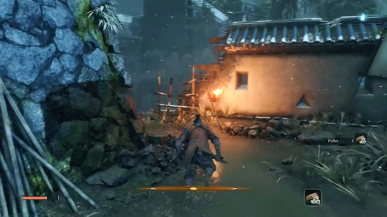 Stealth gameplay in Sekiro: Shadows Die Twice (Xbox One), with the protagonist sneaking through a rain-soaked village at night, torchlight illuminating the scene. Secure your Sekiro Shadows Die Twice GOTY Edition Xbox key now at RushGame.co.