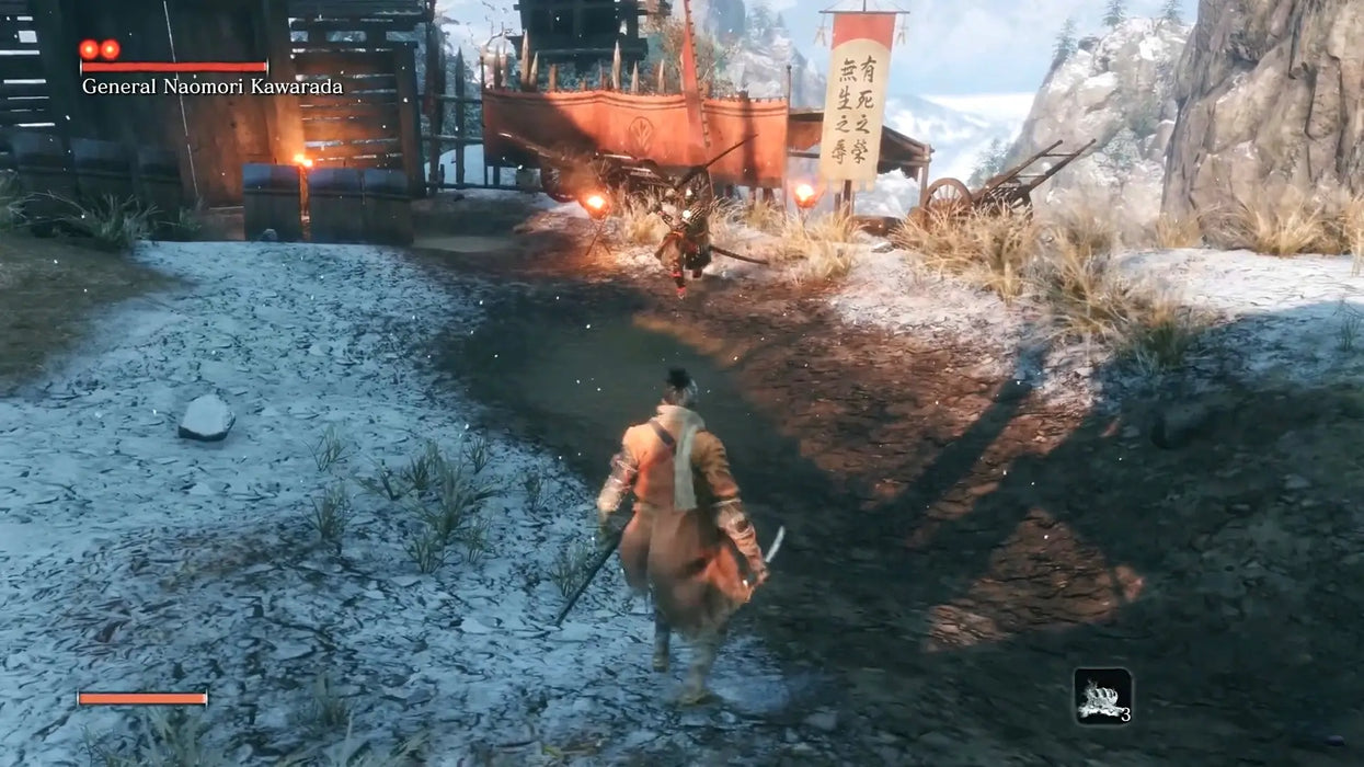 Gameplay image from Sekiro: Shadows Die Twice on Xbox One, displaying a tense duel with General Naomori Kawarada amidst snowy terrain. Unlock Sekiro Xbox codes at RushGame.co for fast, secure access to this acclaimed action adventure.