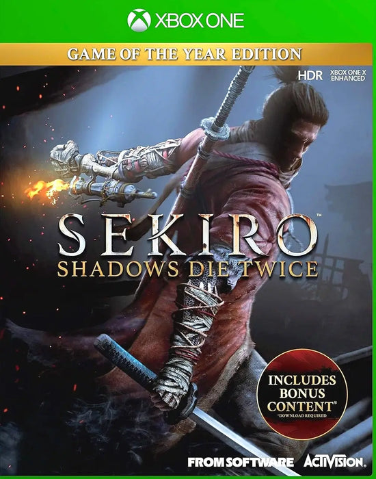 Cover art for Sekiro: Shadows Die Twice Game of the Year Edition for Xbox One, featuring the legendary shinobi in a dynamic pose with his katana. Buy your Sekiro Xbox key at RushGame.co and experience award-winning samurai action—instant digital code delivery.