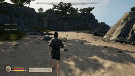 Early game scene in Sengoku Dynasty for Steam, depicting a character running along a sandy shore searching for other survivors. Purchase Sengoku Dynasty Steam Key at RushGame.co to start your digital adventure with immediate code delivery and top customer service