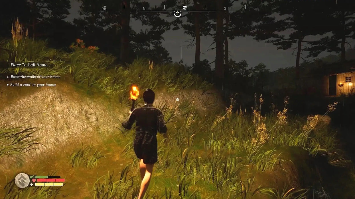 Nighttime gameplay from Sengoku Dynasty Steam edition, with a character holding a torch near a hillside home illuminated by warm light. Unlock Sengoku Dynasty on Steam with a digital game code from RushGame.co for fast and secure access to immersive survival RPG action
