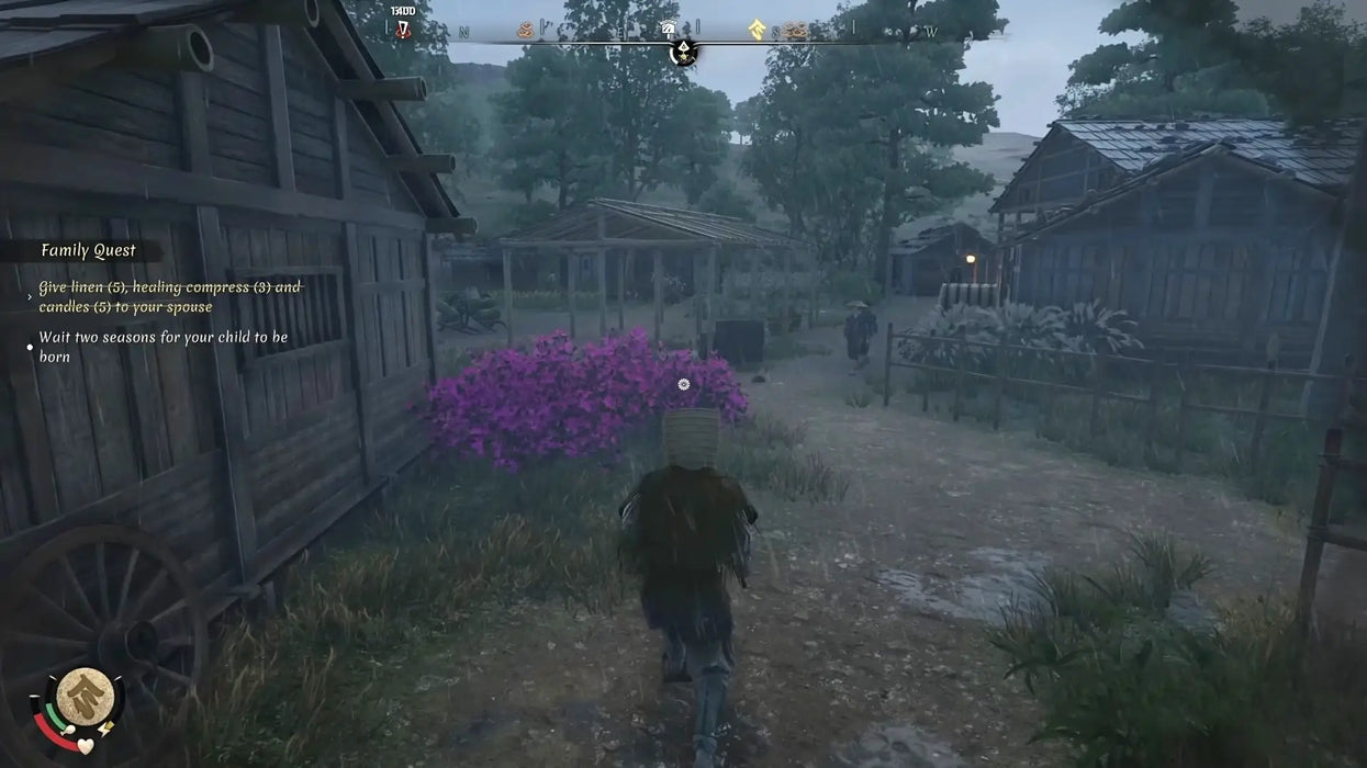 In-game screenshot from Sengoku Dynasty on Steam showing a player exploring a Japanese village with traditional wooden buildings and blooming flowers. Secure your Sengoku Dynasty Steam Key now at RushGame.co and embark on your adventure in feudal Japan—get your code instantly!